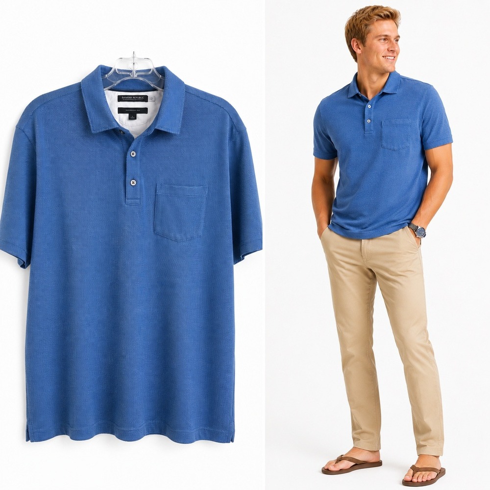 Banana Republic BR+ Mens L Performance‎ Pique Polo Golf Shirt Blue Cotton Fit